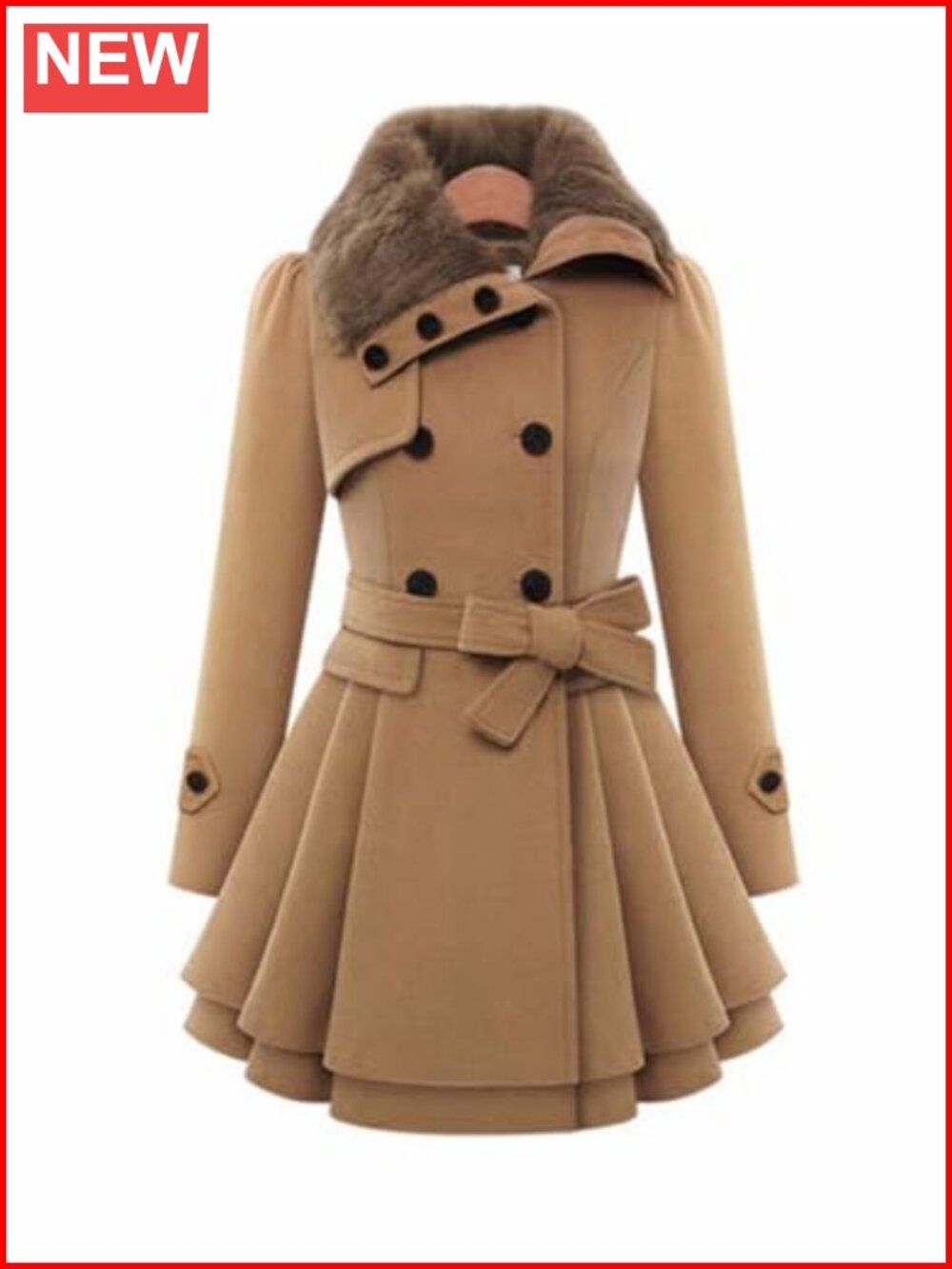 Womens Faux Fur Collar Double Breasted Pea Coat Trench Jacket Flared Swing